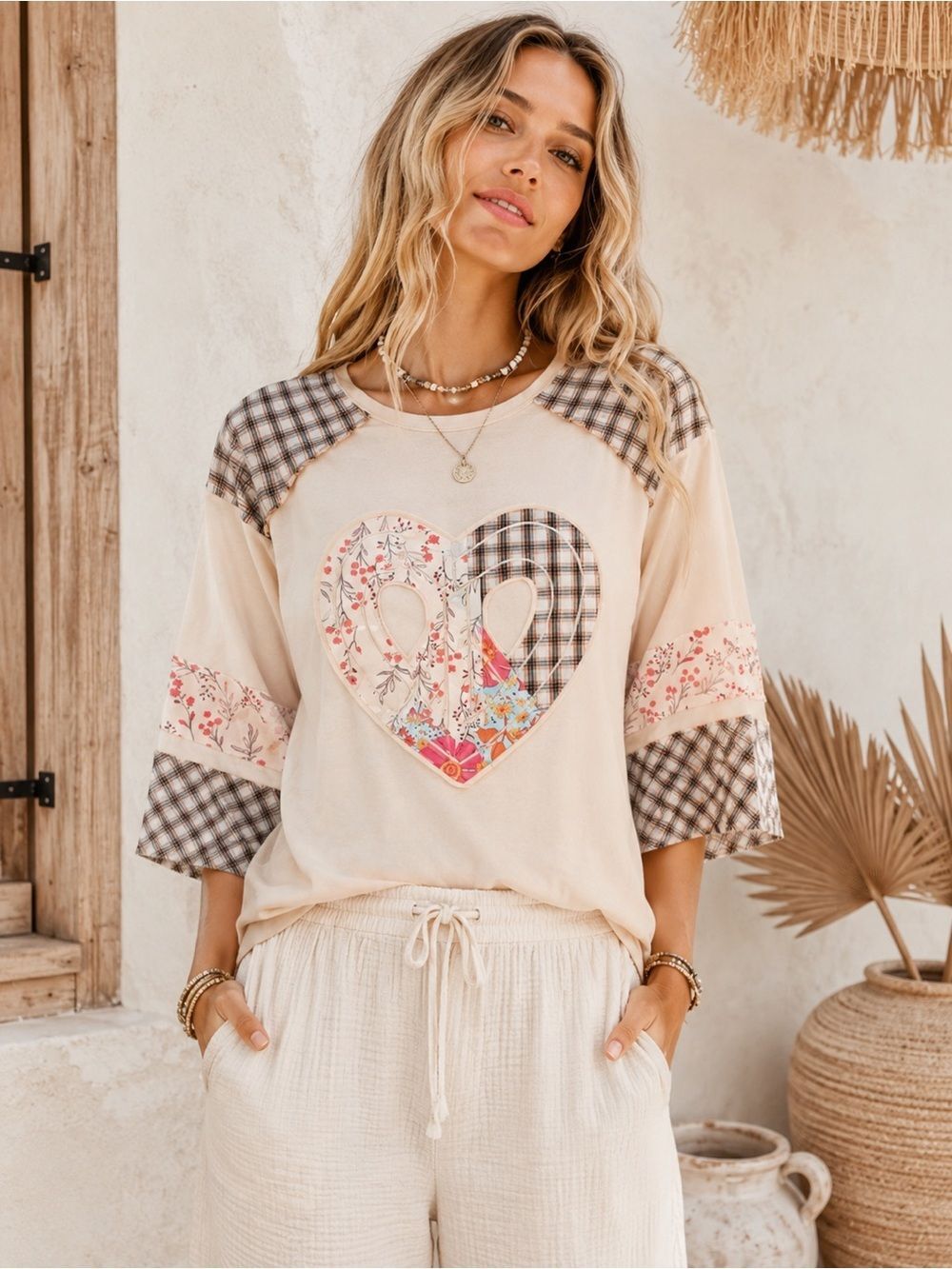 Boohoo Cream Patchwork Heart Peace Sign Sweatshirt
